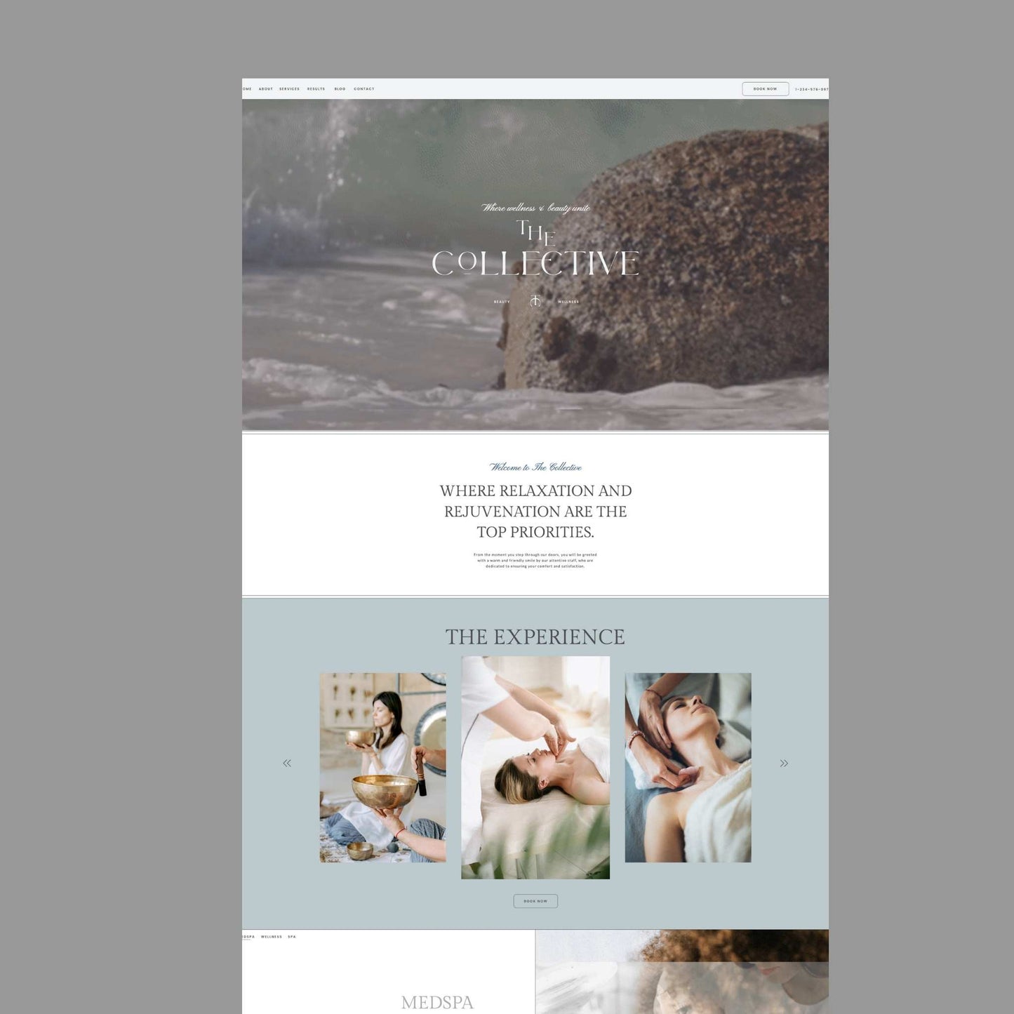 medspa homepage design with The Collective logo and beach image